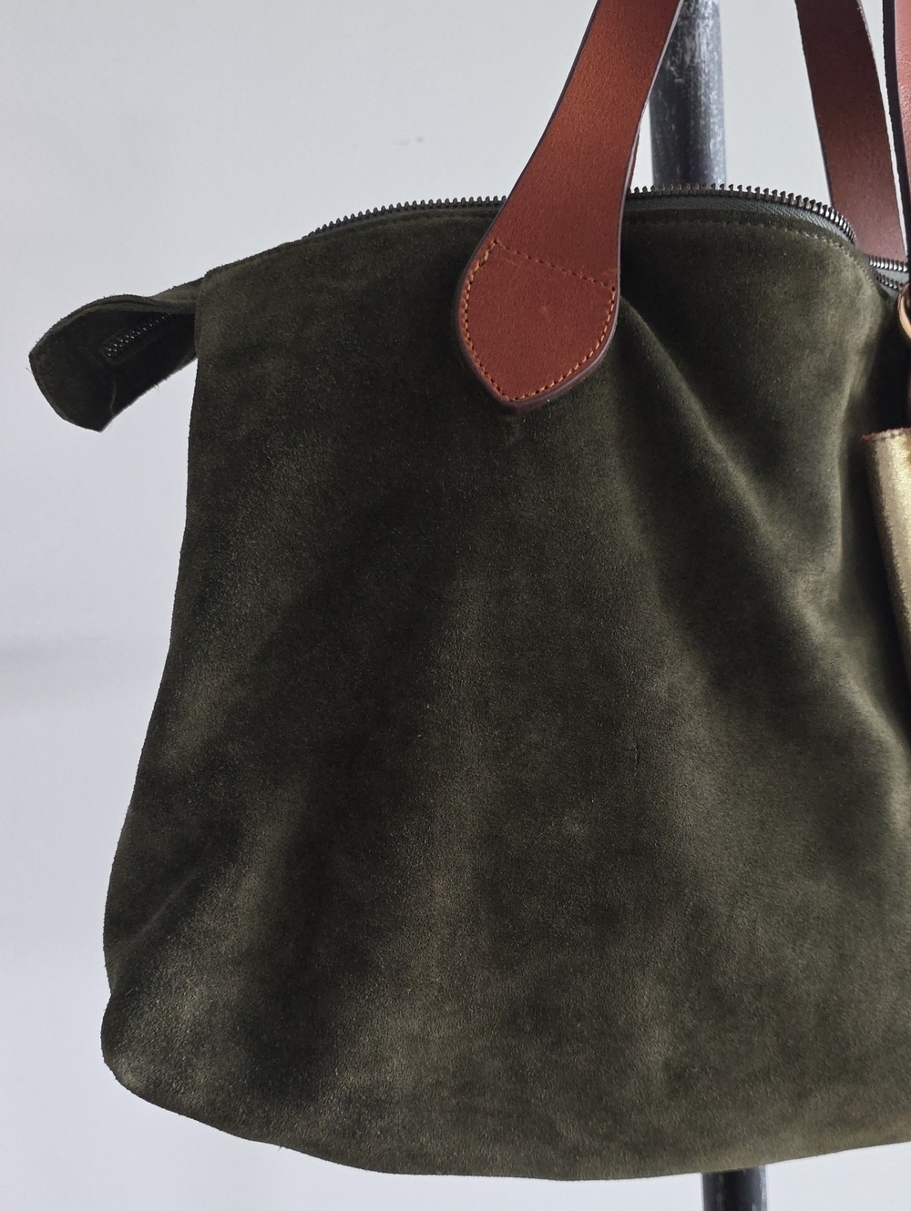 Dark Olive Green Suede Tote Bag - Picture 2 of 16